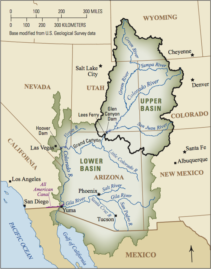 Map of the Colorado River Basin showing the Upper Basin and Lower Basin regions and major rivers
